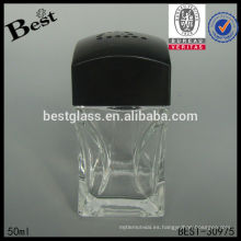Botella de cristal del sabor 50ml con el casquillo negro, botellas de empaquetado cosméticas, proveedor cosmético de la botella del cuidado de piel